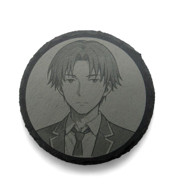 ANIME COASTER Round Engraved Gray Slate Set of 4 - Picture 1 of 6
